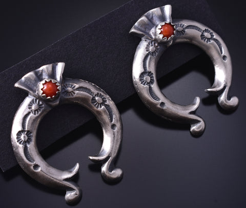 Silver & Coral Navajo Horseshoe Post Earrings by Adrienne Gordon 5G18U