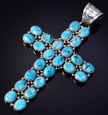 Silver & Kingman Turquoise Navajo Handmade LARGE Cross Pendant by Tony Yazzie 5J18J