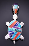 Silver & Turquoise Multistone Navajo Inlay Turtle Pendant by TSF 3L13H