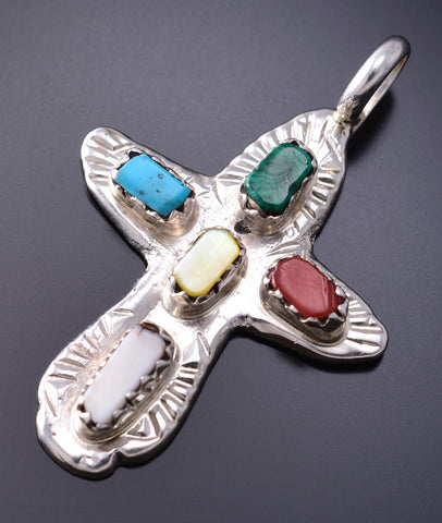 Silver & Turquoise Multistone Zuni Handmade Cross Pendant by Cecelia Iule 6G29F