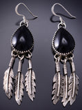 Silver and Onyx Navajo Teardrop Earrings with 3 Feathers -6K02D