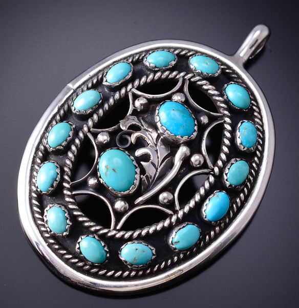 Vintage Silver & Turquoise Eagle Feather Shield Navajo Pendant by Al Joe 6H31X