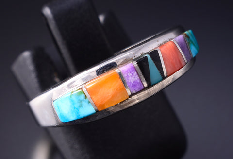 Size 7-1/4 Silver & Turquoise Multistone Navajo Inlay Ring - Aldora Henry 5L07M