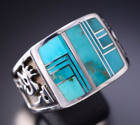 Vintage Size 11-1/2 Silver & Turquoise Navajo Inlay Kokpelli Men's Ring 6E14L
