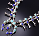 Vintage Silver & Turquoise w/ Lapis Navajo Squash Blossom Necklace 6H31S