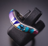 Size 6-3/4 Silver & Turquoise Multistone Navajo Inlay Dip Ring by Roseanne Long 3F22U