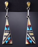 Silver & Turquoise Multistone Zuni Inlay Long Earrings Kathy Boone 5G18Y