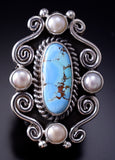 Size 7-1/4 Silver & Golden Hills Turquoise Pearl Navajo Ring Erick Begay 6F28D