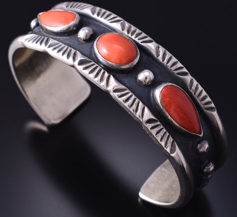Vintage Silver & Mediterranean Coral Row Navajo Bracelet 5L10S