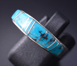 Size 9 Silver & Turquoise Navajo Inlay Ring by Laura Lincoln 5L07V
