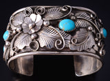 Silver & Kingman Turquoise Feathers Flowers Navajo Bracelet Jerry Thompson 5J18H