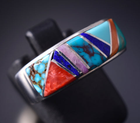 Size 6 Silver & Turquoise Multistone Navajo Inlay Ring by Aldora Henry 5L07B