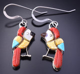 Silver & Coral Multistone Zuni Inlay Parrot Earrings by Stephen Lonjose 3J22A