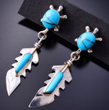 Silver & Turquoise Navajo Inlay Turtle & Feather Earrings by Maggie Bedah 3J16M