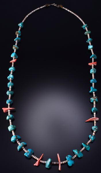 Vintage 28" Turquoise & Spiny Oyster Shell Navajo Necklace 6H06T