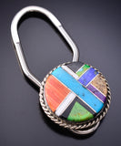 Silver & Turquoise Multistone Navajo Inlay Key Ring by Arnold Yazzie 6G29K