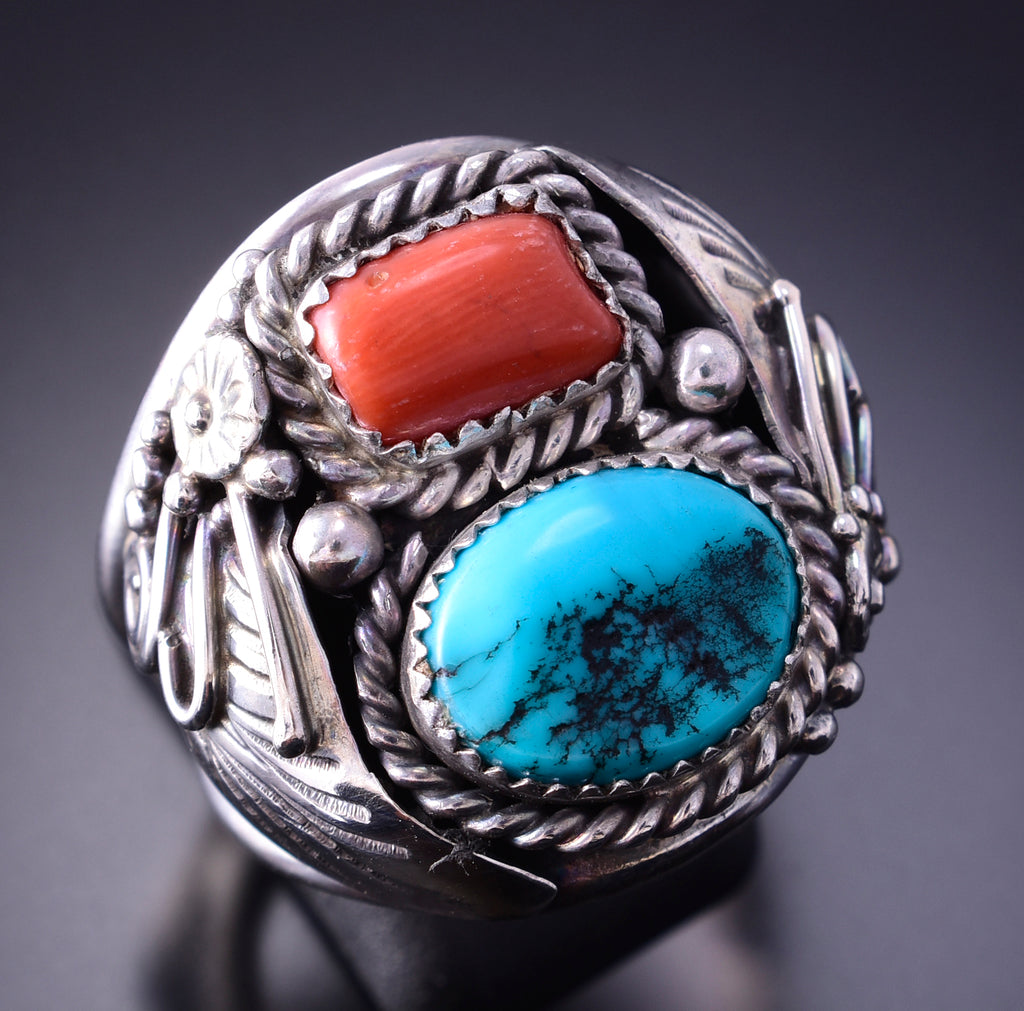 Size 11-3/4 Silver & Turquoise w/ Coral Navajo Ring by Leonard Spencer 4A12V