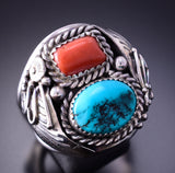 Size 11-3/4 Silver & Turquoise w/ Coral Navajo Ring by Leonard Spencer 4A12V