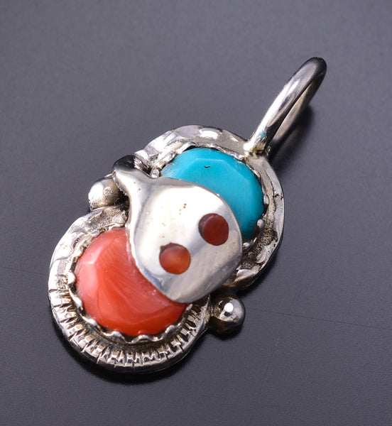Silver & Turquoise w/ Coral Snake Eyes Zuni Pendant by Effie Calavaza 6G29G
