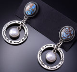 Silver & Golden Hills Turquoise Fresh Pearl Navajo Earrings by Erick Begay 6C02O