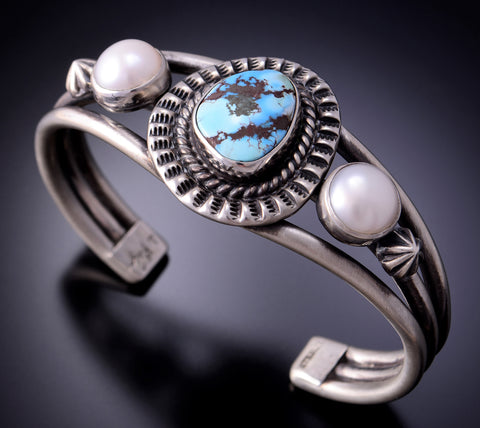 Silver & Golden Hills Turquoise Fresh Pearl Navajo Bracelet by Erick Begay 3C24E