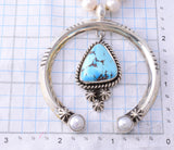 Silver & Golden Hills Turquoise & Fresh Pearl Navajo Squash Blossom Necklace by Erick Begay 3H21W