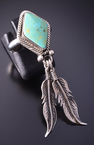 Size 5-3/4 Silver & Turquoise Eagle Feathers Navajo Ring by Jerome Lee 4B21K