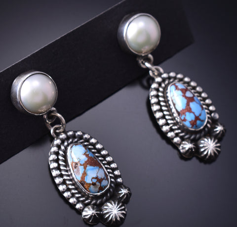 Silver & Golden Hills Turquoise Fresh Pearl Navajo Earrings by Erick Begay 6F28K