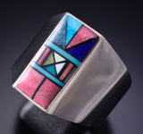 Size 13-1/4 Silver & Turquoise Multistone Navajo Inlay Mens Ring Jimmy Harrison 6F22H