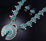 Silver & Turquoise Navajo Squash Blossom Necklace Earring Set Kyle Wilson 6H06Q