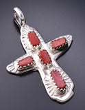 Silver & Coral Zuni Handmade Cross Pendant by Ceceilia Iule 6G29E