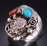 Size 11-1/4 Silver & Turquoise Coral Buffalo Navajo Men's Ring Grace Smith 5L05T