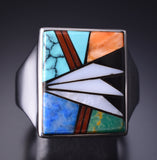 Vintage Size 10-3/4 Silver & Turquoise Multistone Navajo Inlay Men's Ring 6E14K