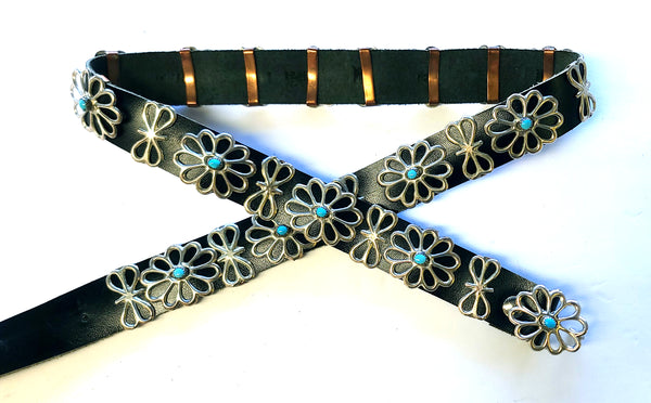 Vintage Turquoise and Silver Concho Belt - Sandcast Design 5L11T