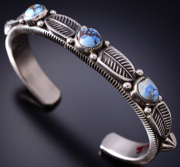 Silver & Golden Hills Turquoise Feathers Navajo Bracelet by Erick Begay 6F27W