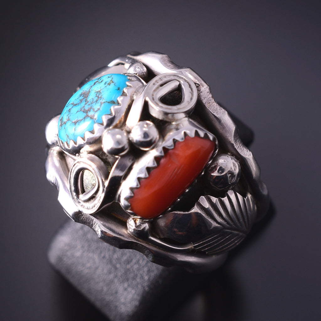 Size 9-1/2 Silver & Turquoise Coral Feathers Navajo Ring by