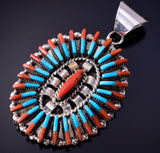 Turquoise and Coral Needle Point Pendant by Carla Laconsello 4L20X
