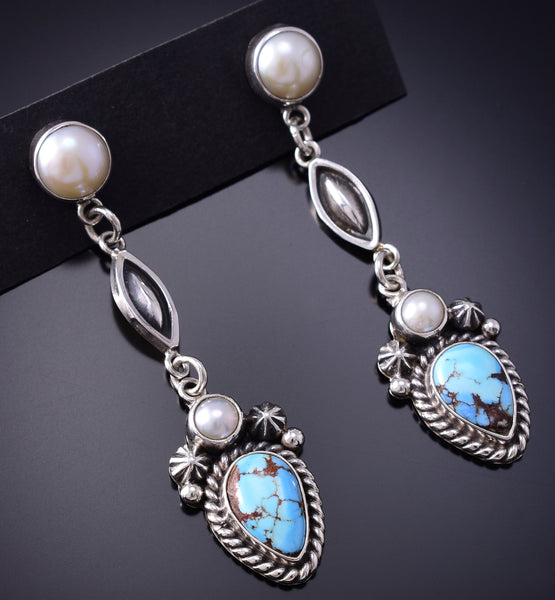 Silver & Golden Hills Turquoise w/ Fresh Pearl Navajo Earrings Erick Begay 6H16J