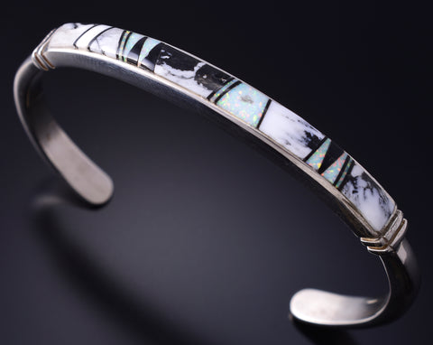 Silver & White Buffalo Turquoise Navajo Inlay Bracelet by Rick Tolino 5K22G
