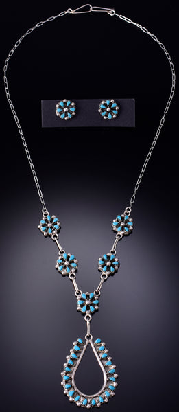 Silver & Turquoise Zuni Petit Point Necklace Earring Set by Tricia Leekity 6H25K