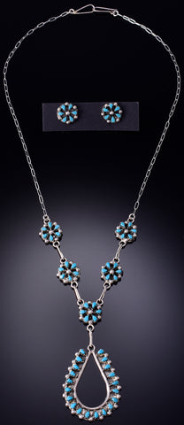 Silver & Turquoise Zuni Petit Point Necklace Earring Set by Tricia Leekity 6H25K