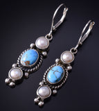 Silver & Golden Hills Turquoise Fresh Pearl Navajo Earrings by Erick Begay 5H02O