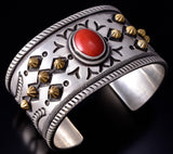Silver & 22k Gold CROSS  w/ Mediterranean Coral Navajo Bracelet by Erick Begay 5H01B