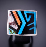 Size 9-3/4 Silver & Turquoise Multistone Navajo Inlay Men's Ring by TSF 3L07B