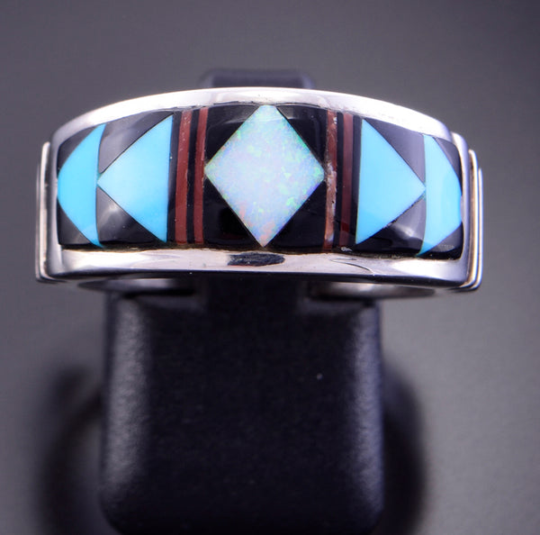Size 12-1/4 Silver & Turquoise Multistone Navajo Inlay Ring by Rick Tolino 3G05O