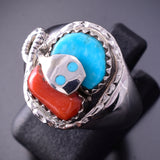 Size 6-1/2 Silver & Turquoise w' Coral Zuni Effie C. Snake Ring 4A12J