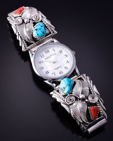 Silver Turquoise & Coral Navajo Eagle Feathers Watch by Jeanette Saunders 4F25L
