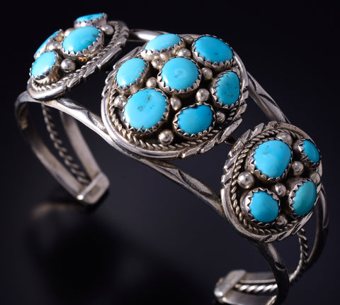 Silver & Turquoise Round Clusters Navajo Bracelet by Melvin Chee 5J18E