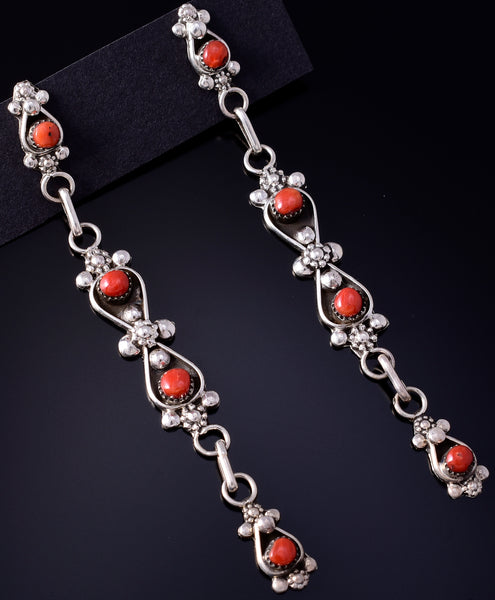 Silver & Coral Zuni Handmade Duster Earrings by Verdi Booqua 5G22M
