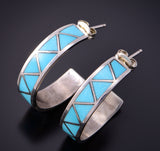 Silver & Turquoise Zuni Inlay Hoop Earrings by JP Ukestine 3B10Z